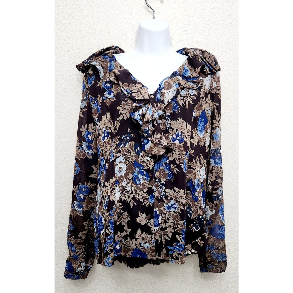 Coldwater Creek Brown Blue Floral Print Ruffled Neck Top Large Lightweight Soft